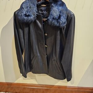 Nicole Miller Black Leather Jacket with Faux Fur Collar